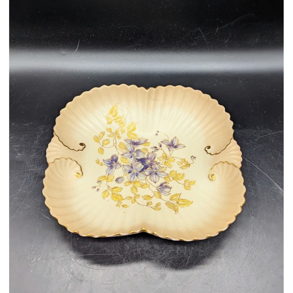 Antique Fluted Porcelain Square Nut Candy Dish Purple Flower Violet 9"